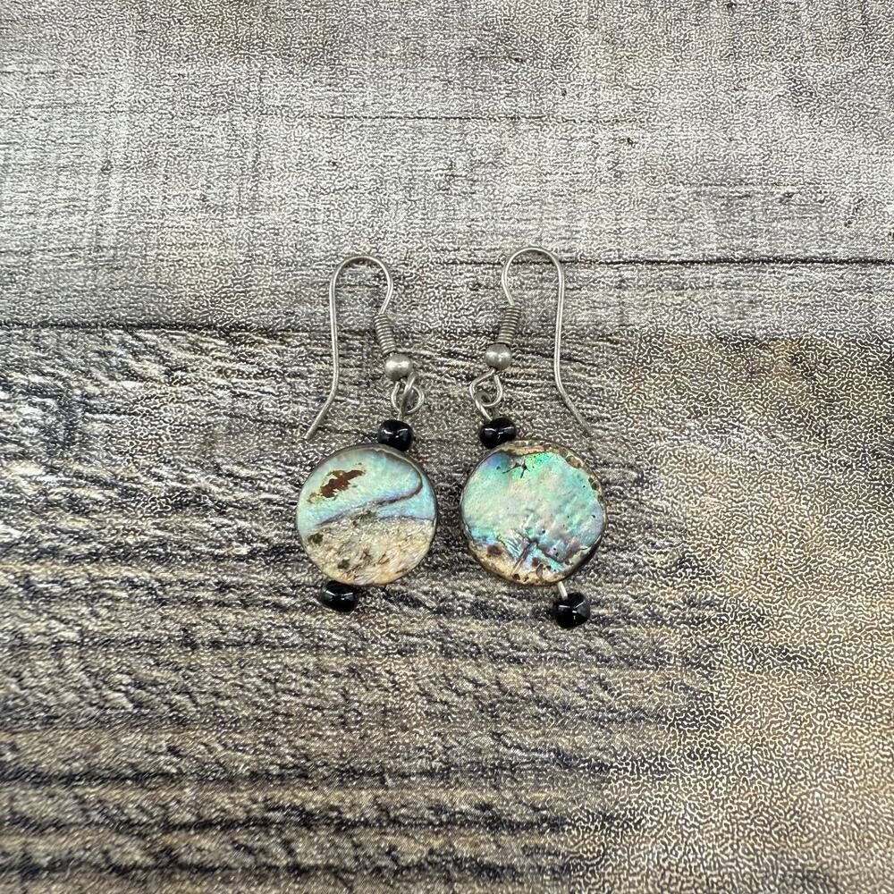 Artisan Silver Tone Dangle Earrings Blue and Black Gemstone Charm - Picture 4 of 5